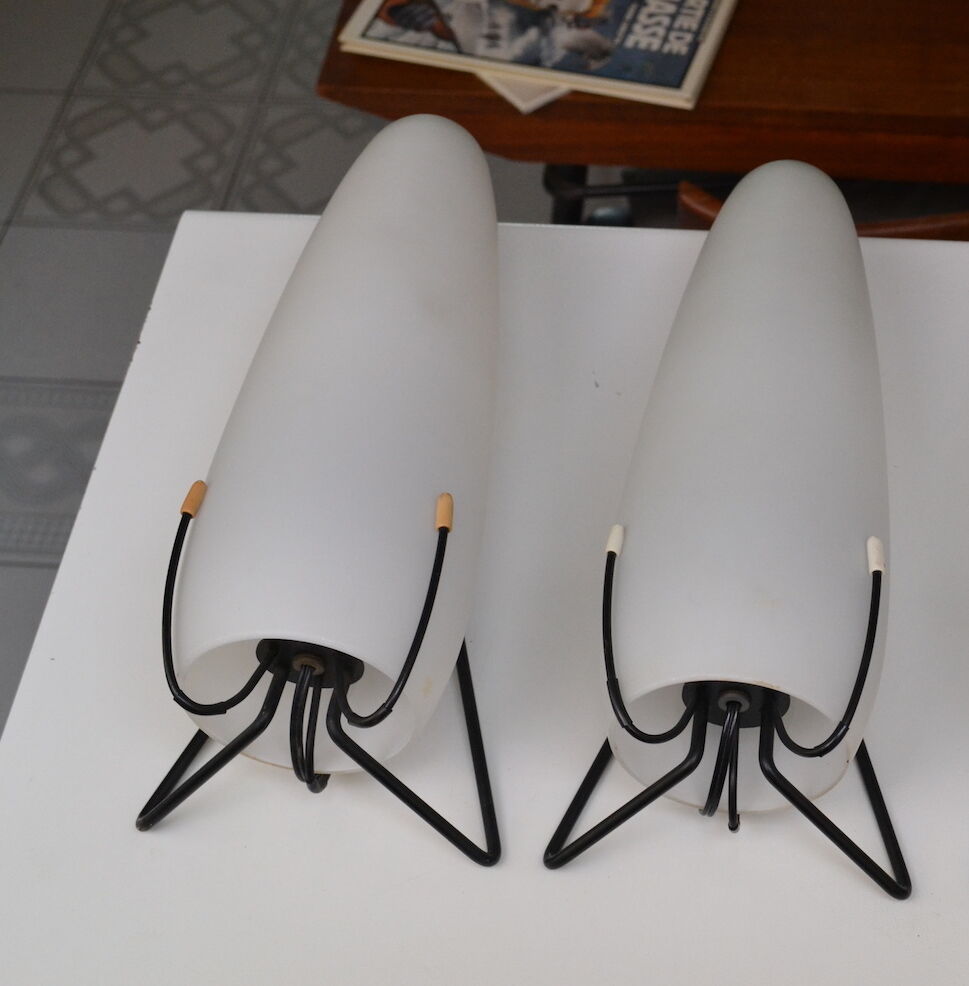 Pair of wall lamps louis kalff opaline wired metal