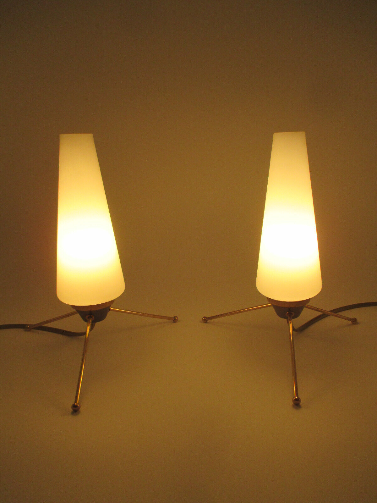 Pair of vintage brass tripod lamps and opaline tulips