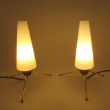 Pair of vintage brass tripod lamps and opaline tulips