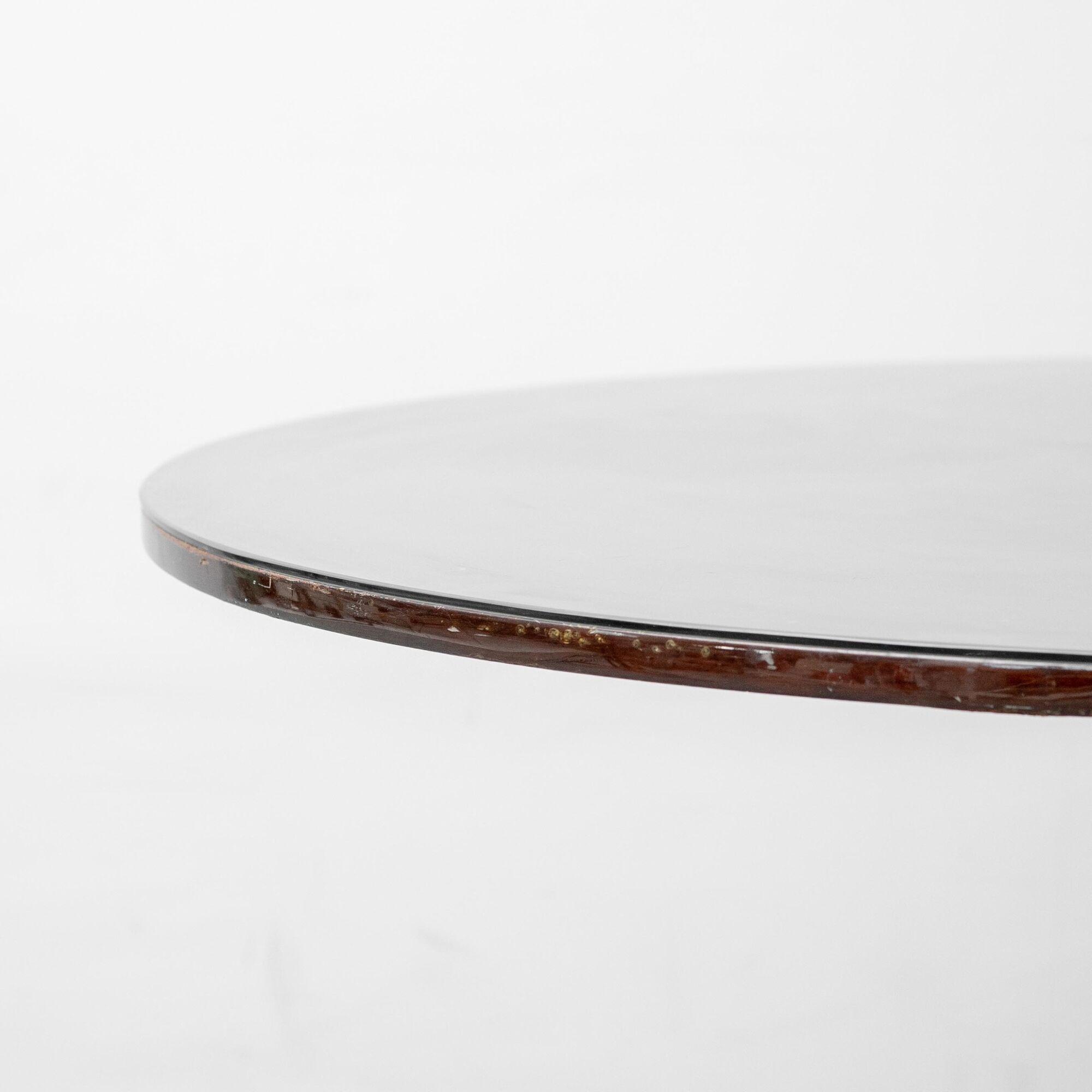 Vintage round table in wood and glass with metal base, 1970s modernist