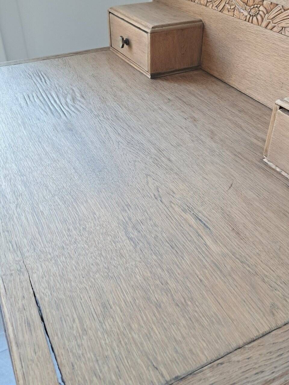 Art Deco oak desk, stripped finish, console size, 3 drawers.