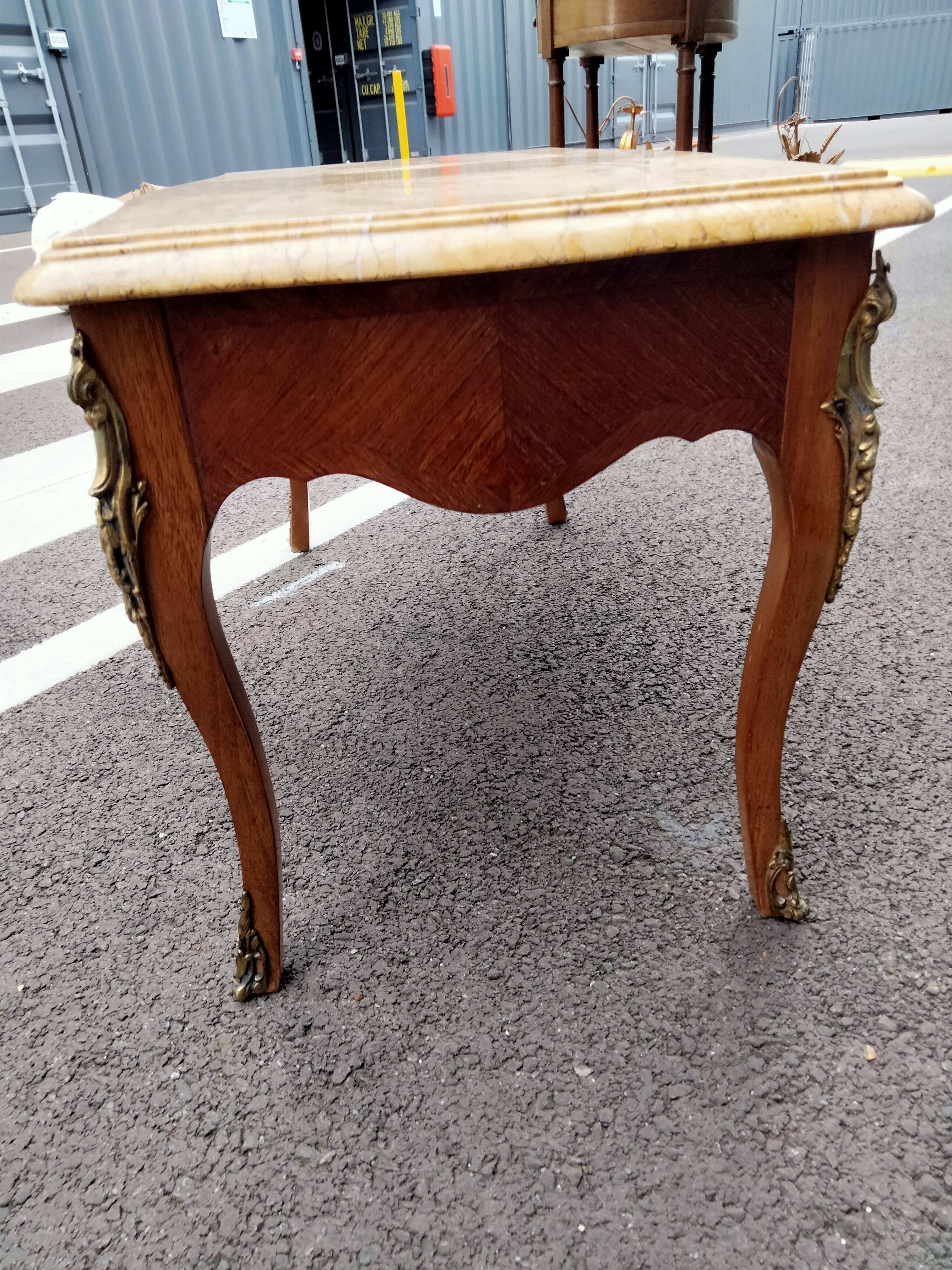 Old coffee table marquetry style louis xv marble top