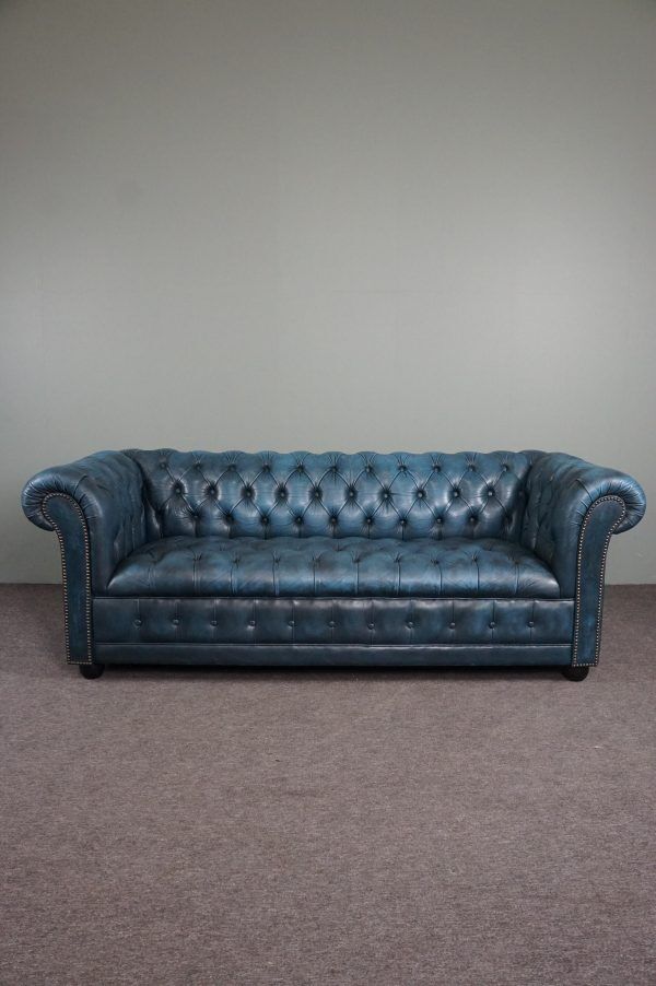 Chesterfield sofa buttoned in blue cowhide, 2.5 seats