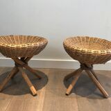 Pair of rattan stools. french work. around 1970