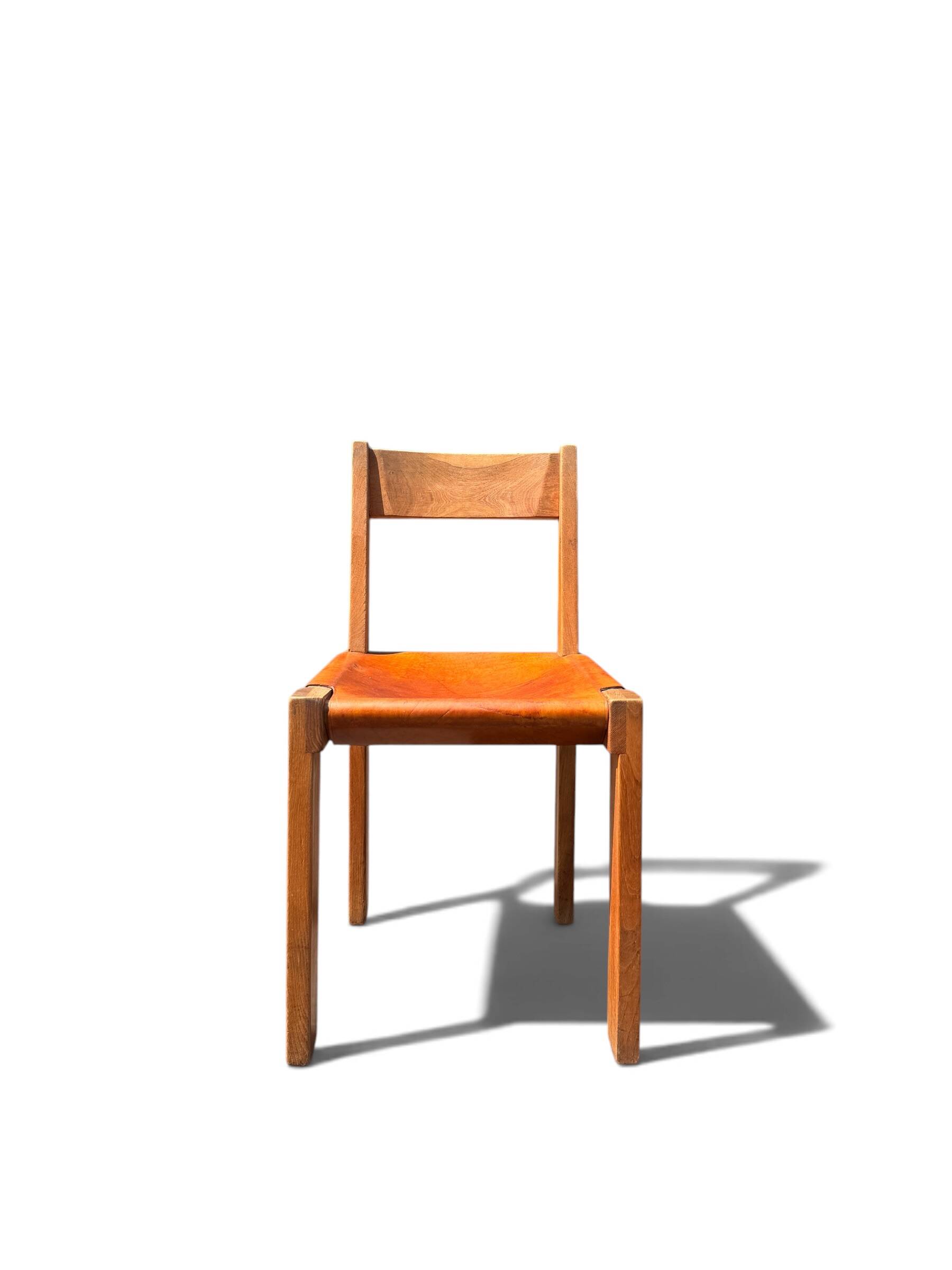 Chair S24 Pierre Chapo - Solid Elm & Cognac Leather Brutalist