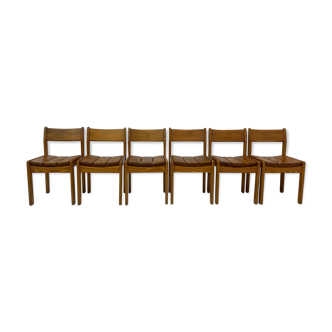 Set of 6 pine wood dining chairs , 1970’s