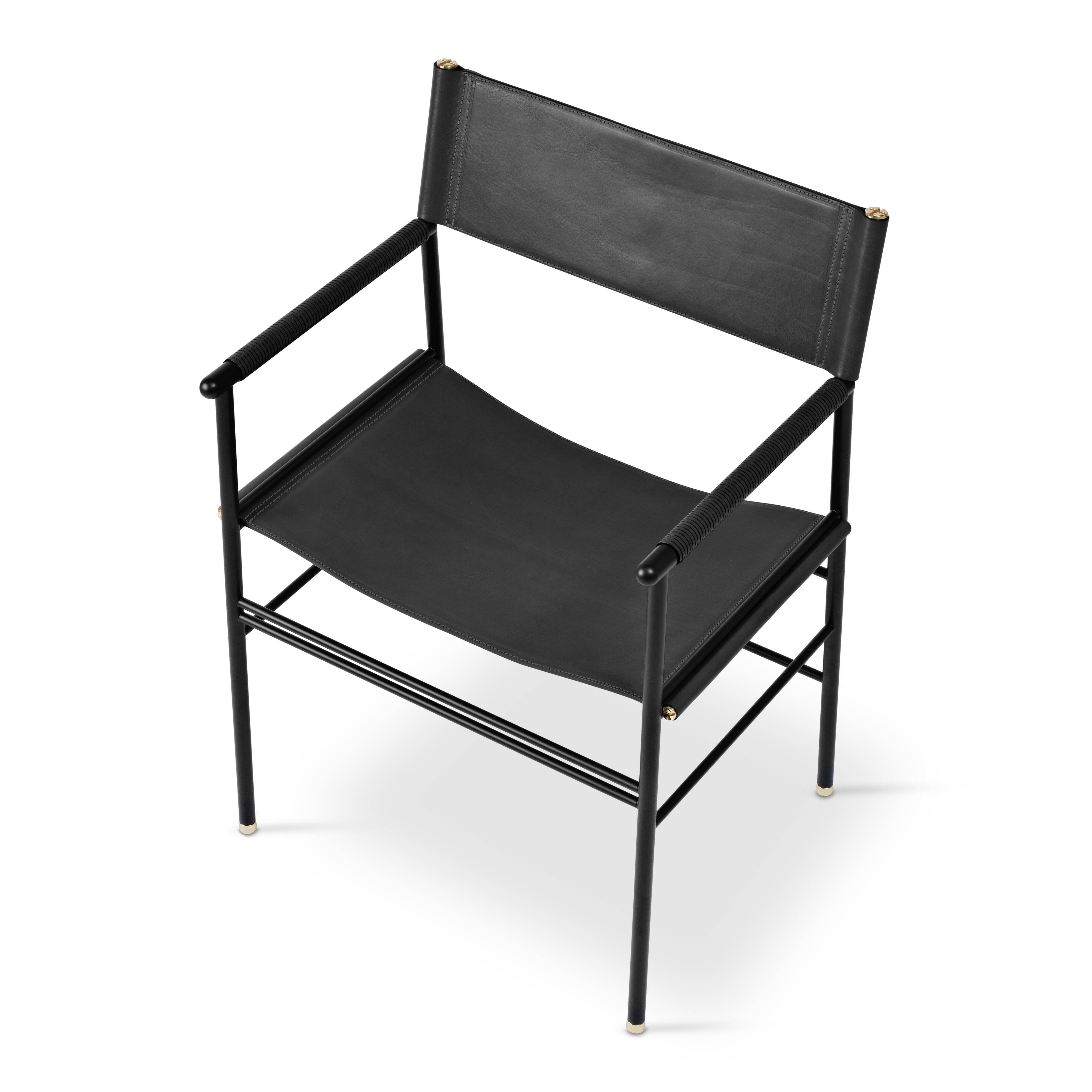 Contemporary bar stool with a black metal backrest and black rubber.
