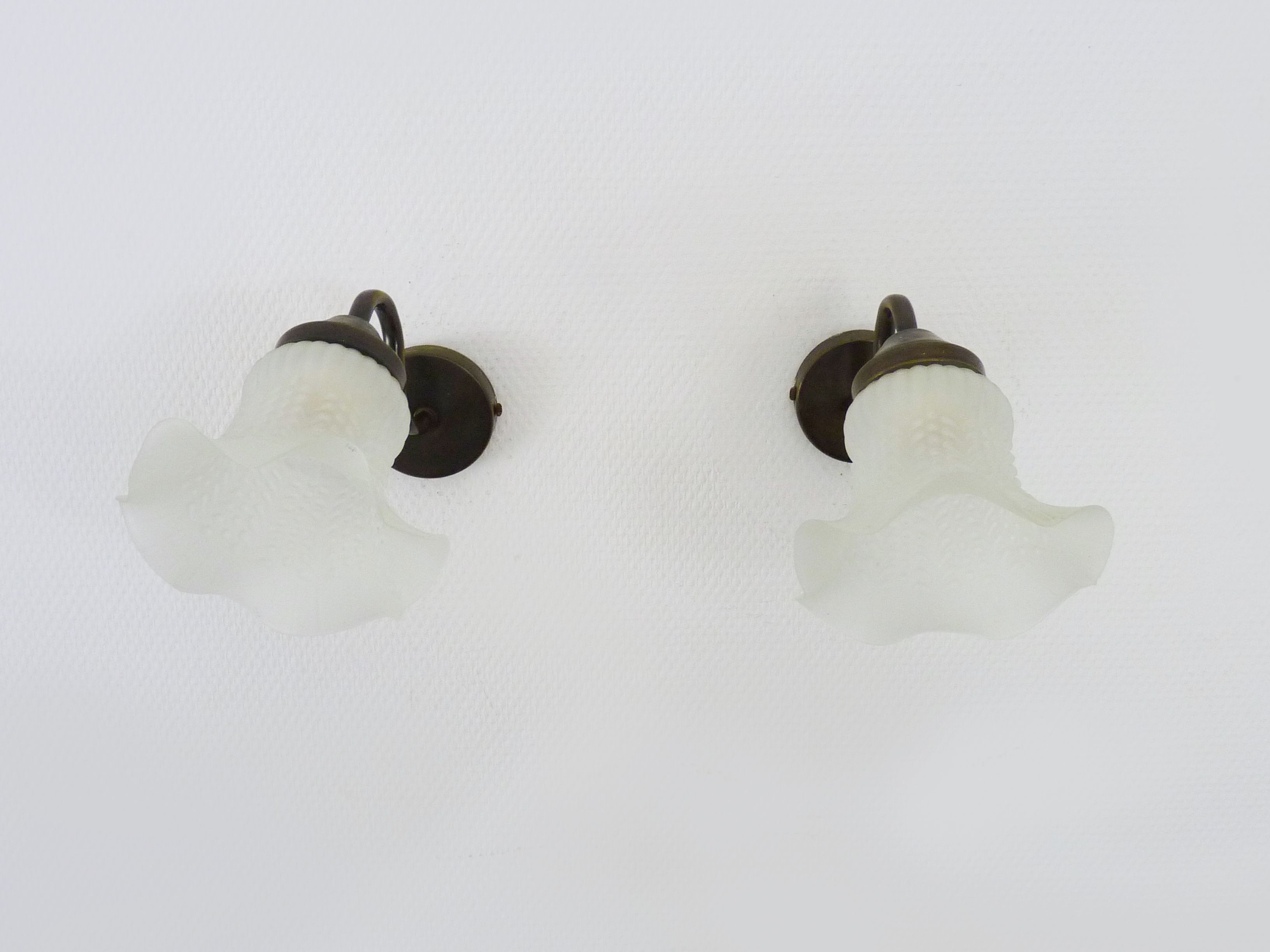 Pair of vintage brass gooseneck wall sconces and glass tulip. Year 60