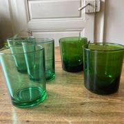 Lot of 5 vintage green glasses - Lesieur et Lever oil