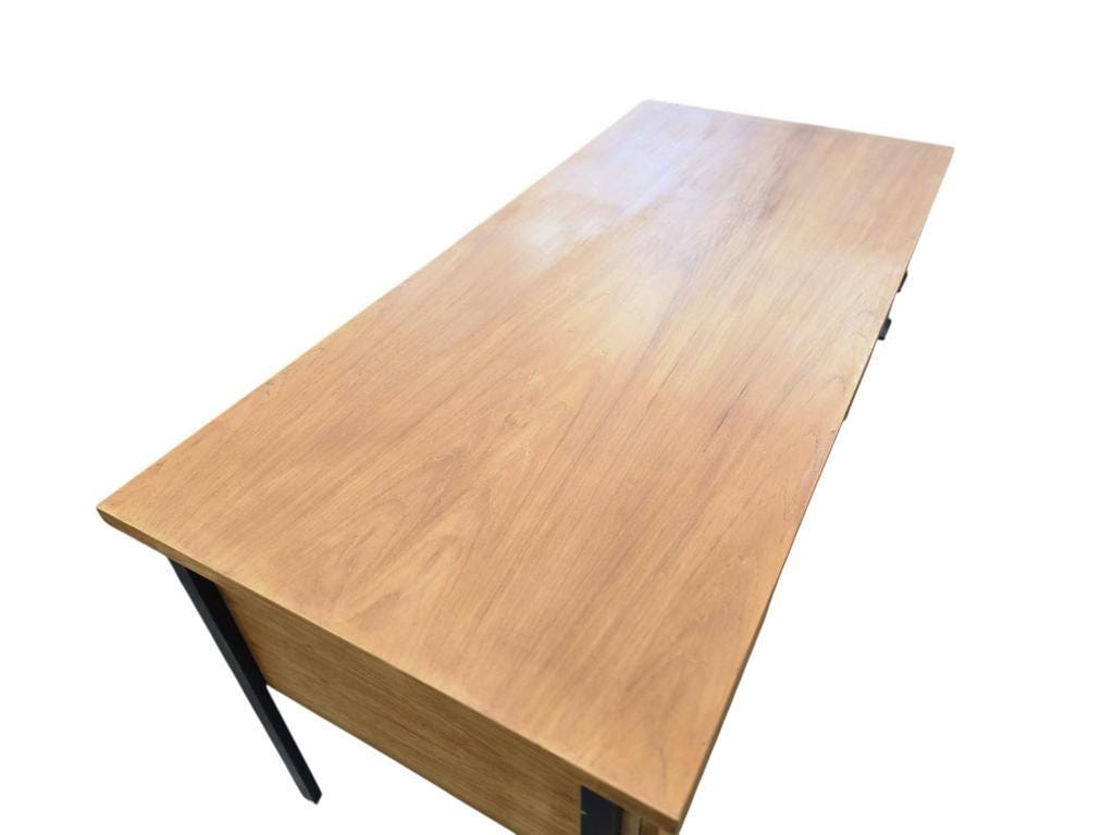 Vintage wooden desk with black steel frame