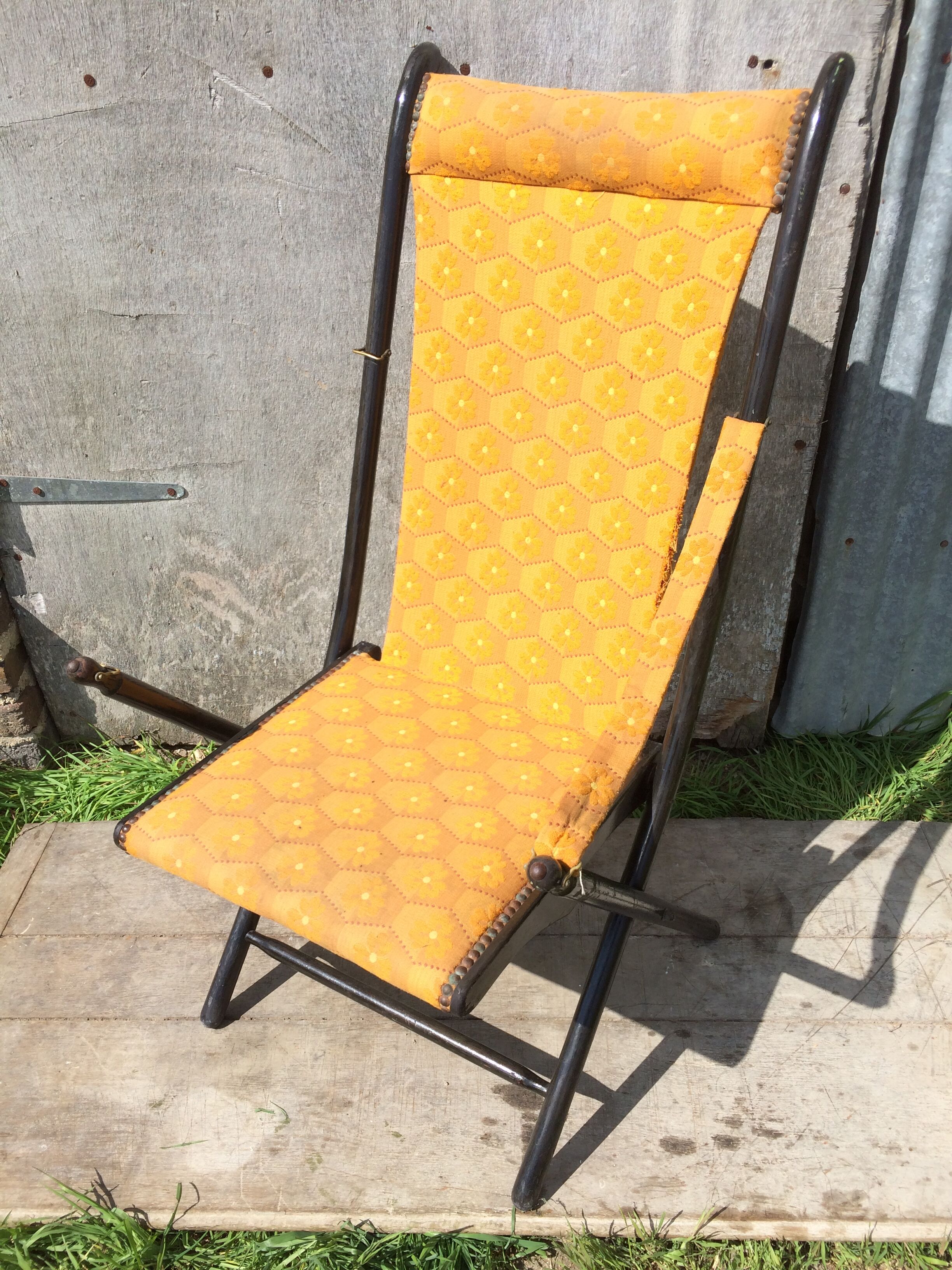 Napoleon III folding chair armchair black wood & vintage yellow fabric