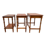 Set of 3 rustic cherry wood nesting coffee tables from the 1950s.