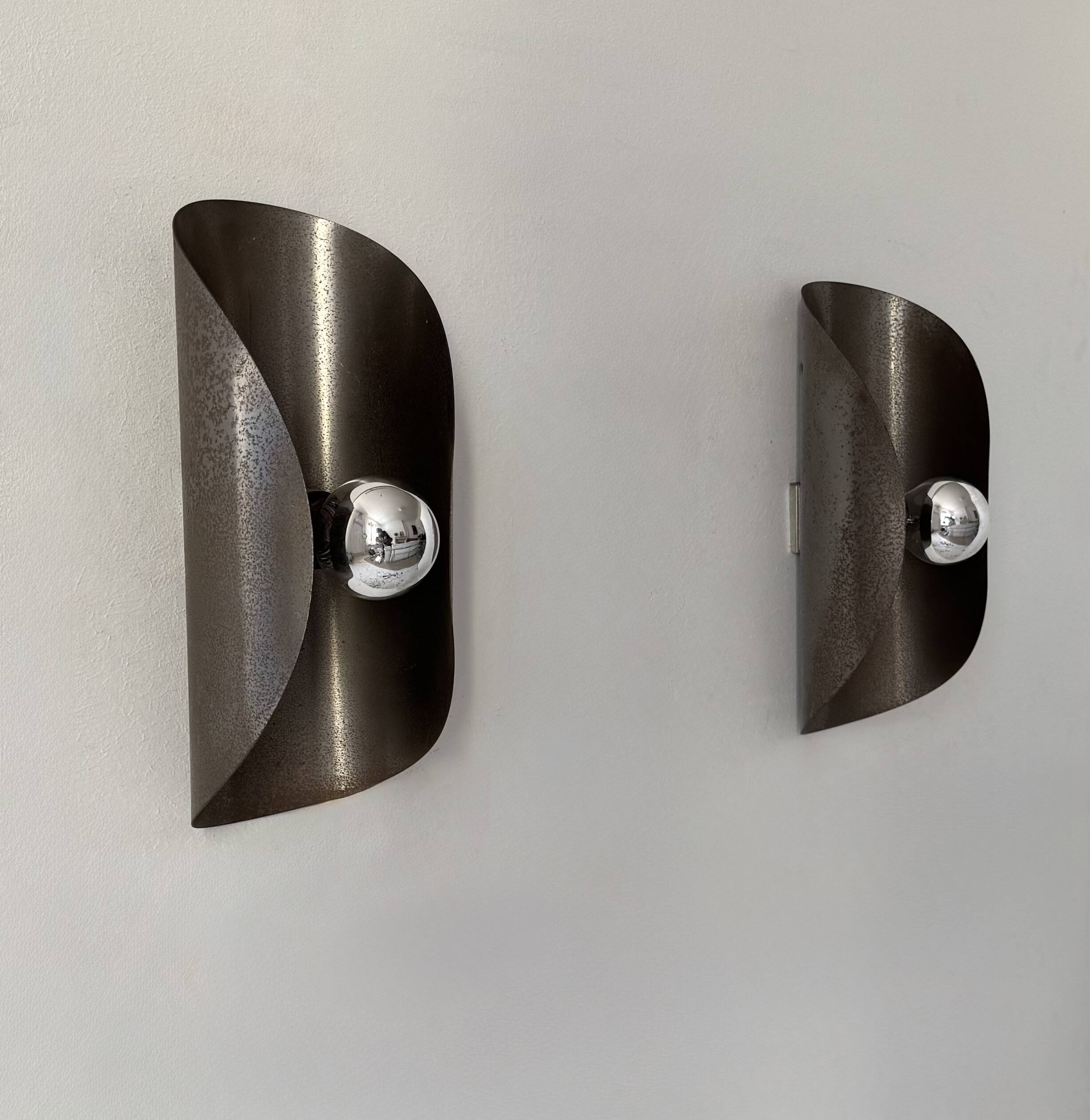 Pair of vintage wall sconces, bent steel, France, 1970