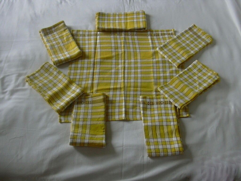 Vintage Vin de Rochers Yellow White Check Woven Cotton Napkins