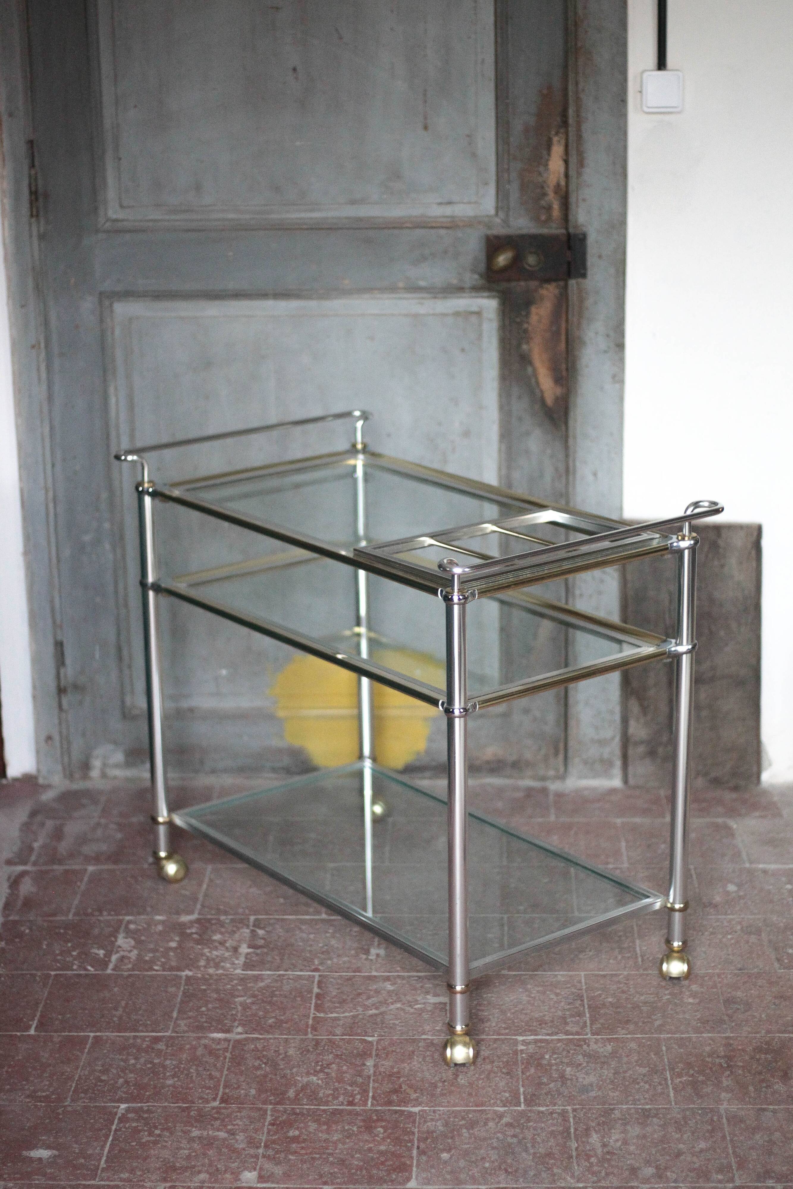 Vintage rolling dessert bar in gold metal and glass by Roche Bobois.