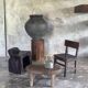 Stool, tabouret or low Japanese-style armchair in brutalist monoxyle radica.