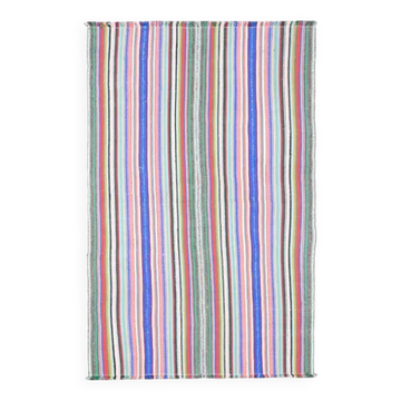 Tapis vintage turc Oushak fait à la main en laine et coton bleu et rose