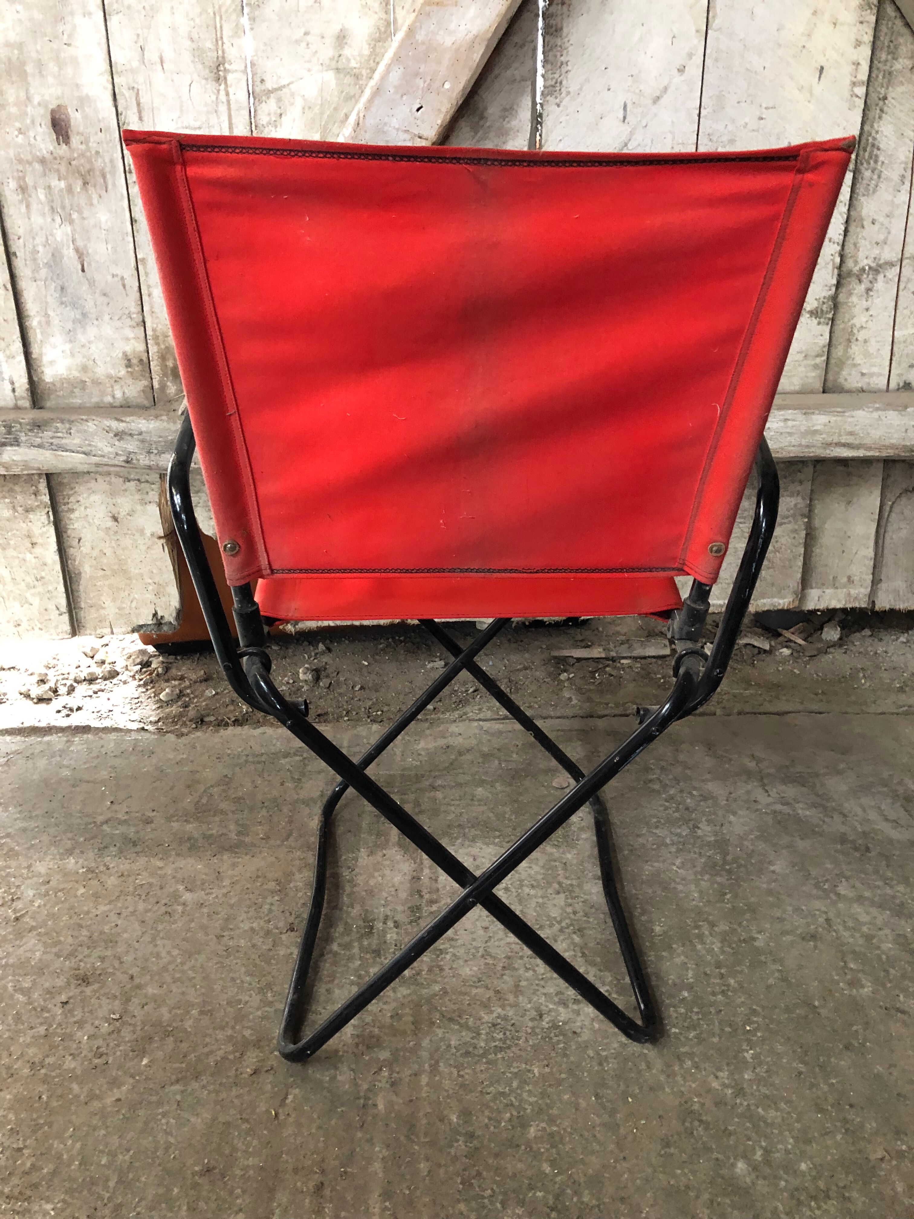 Old Folding Armchair Tube Metal Black + Red Fabric 70s Vintage