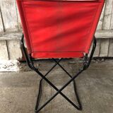 Old Folding Armchair Tube Metal Black + Red Fabric 70s Vintage