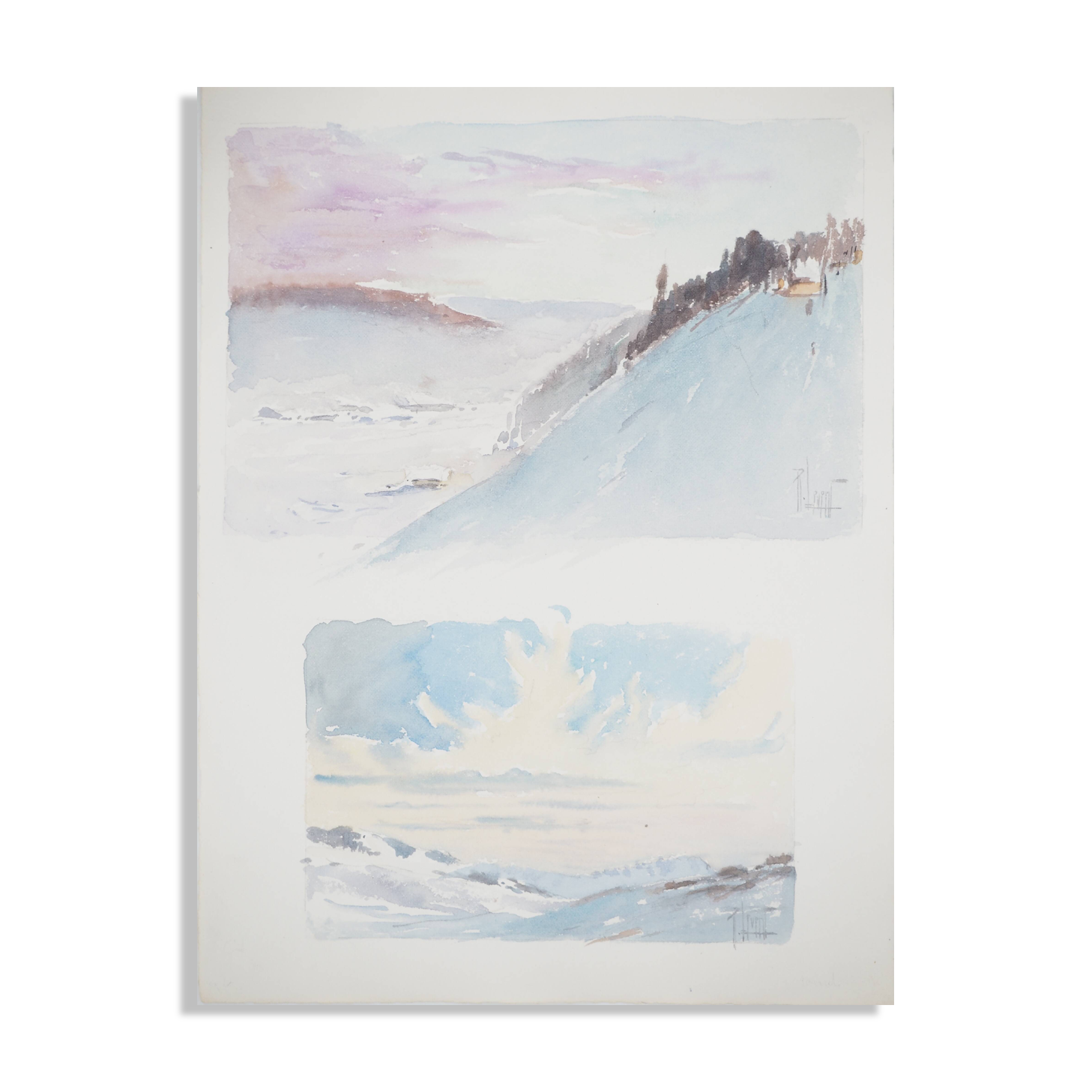 René leverd: switzerland, twilight and dawn, original signed watercolor