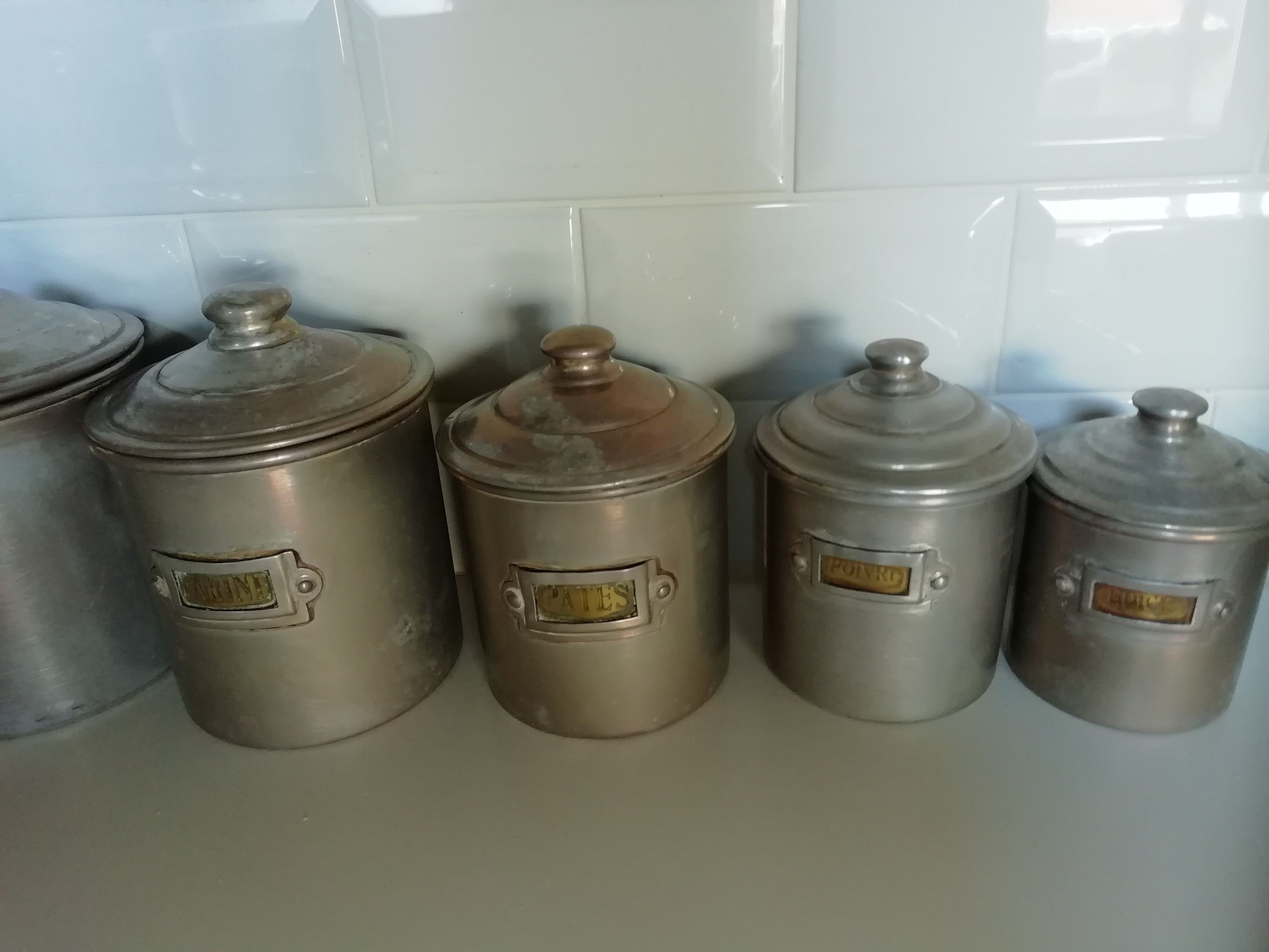 complete series of 6 metal jars with brass label