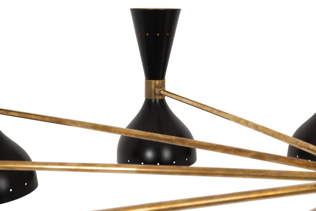 Diabolo chandelier in patinated and black lacquered brass. Contemporary.