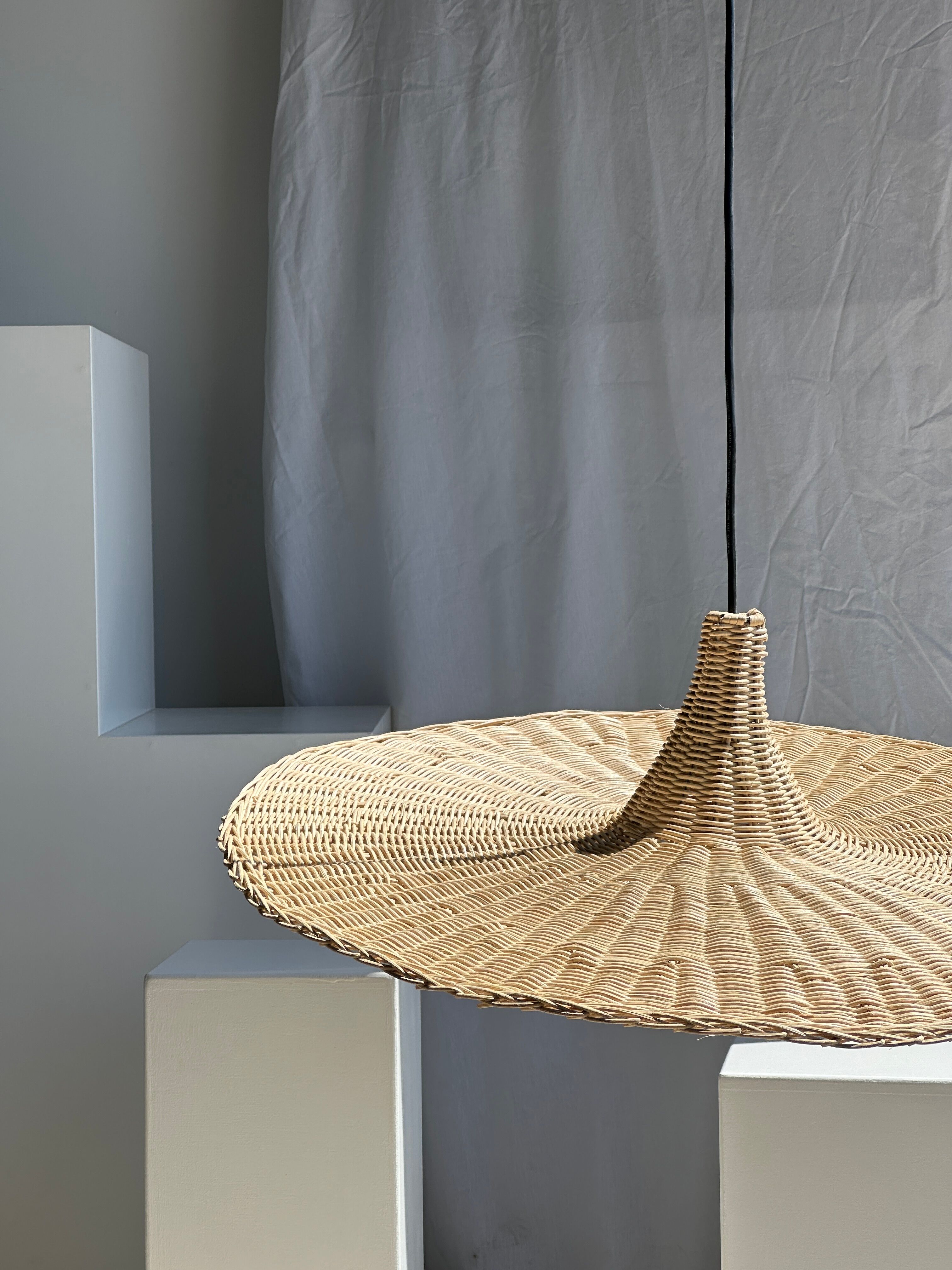 Large suspension, rattan luminaire in hat shape D:80cm