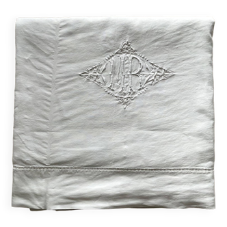 Old sheet in pure linen thread hand embroidered monogram “mR”