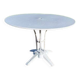 Garden table with a cast iron base and a metal top.