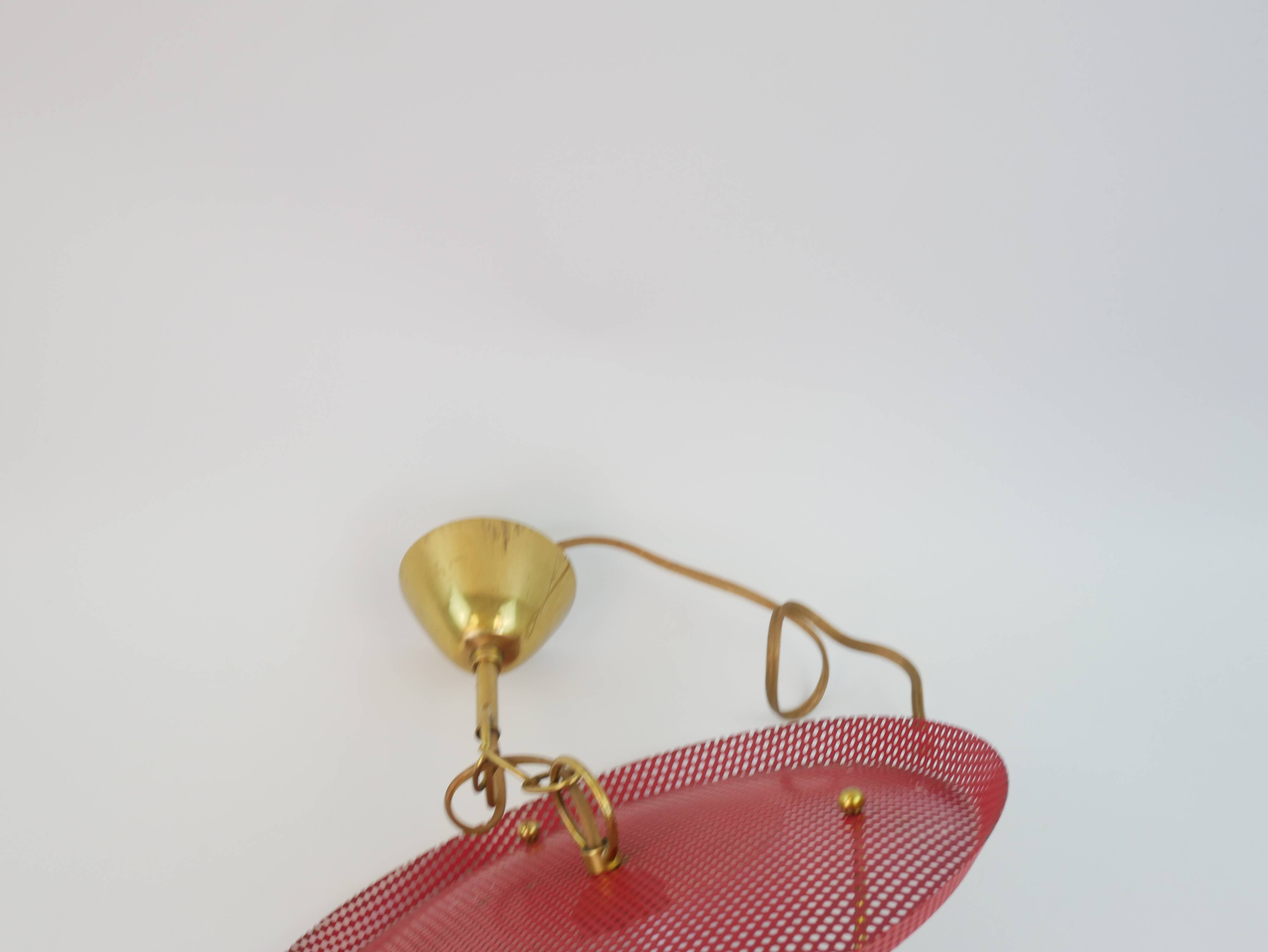 Suspension in perforated red lacquered metal, brass and opaline in the style of Mathieu Matégot
