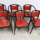 Baumann Diese table and 6 armchairs, Pagnon Pelhaître design, Wenge and red color,