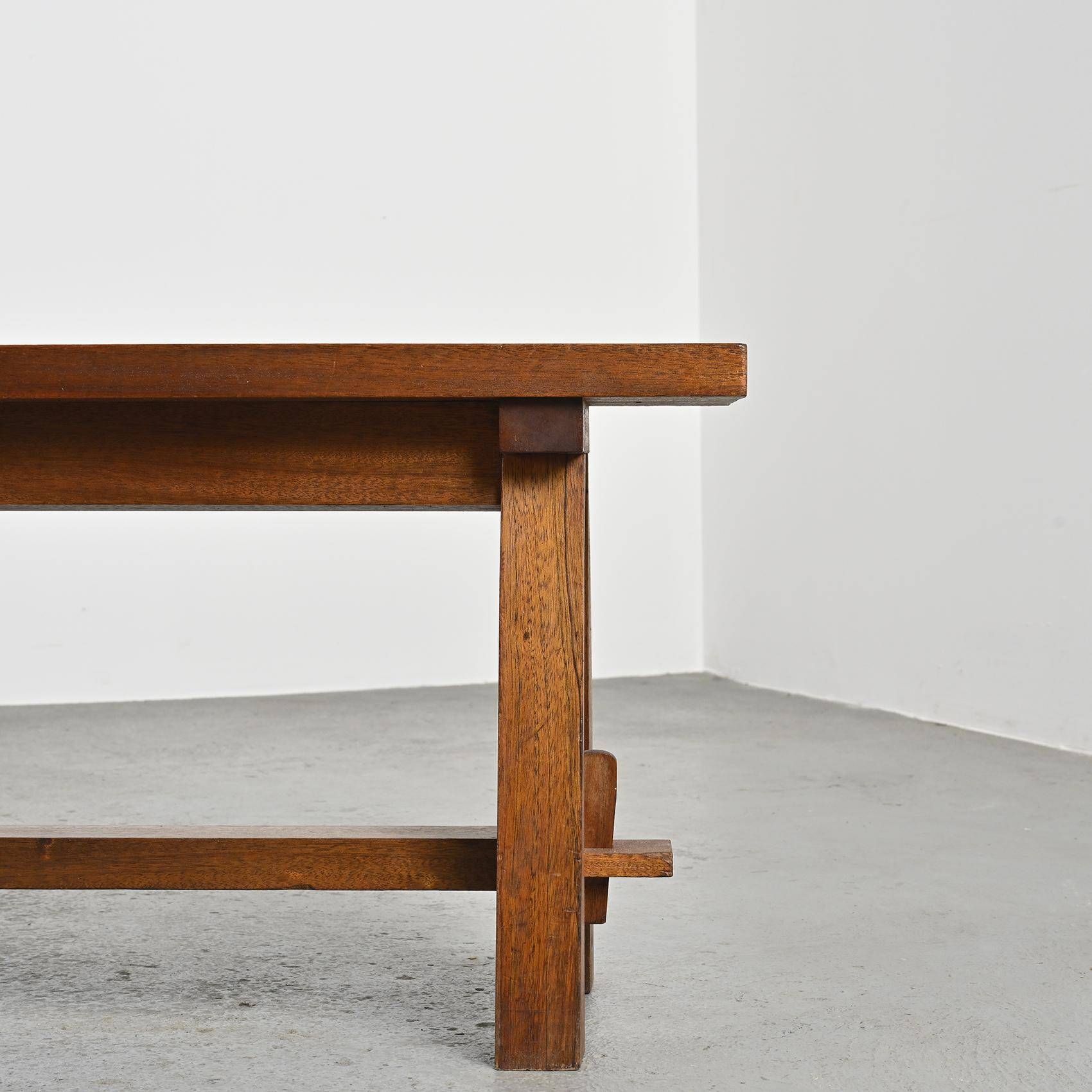 Mahogany dining table and benches, mountain work, France circa 1960