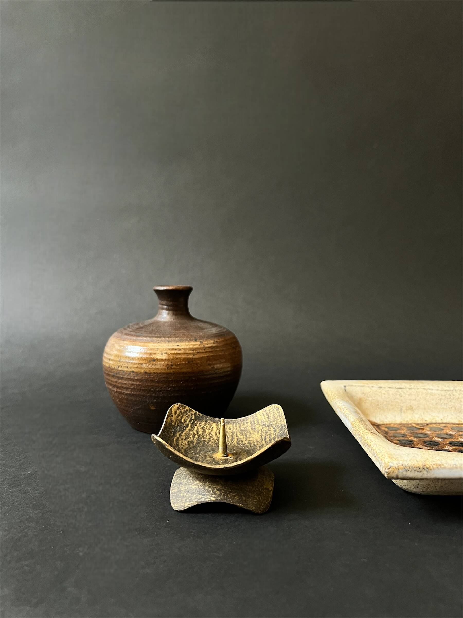 Hammered brass candle holder, brutalist design, 1970s