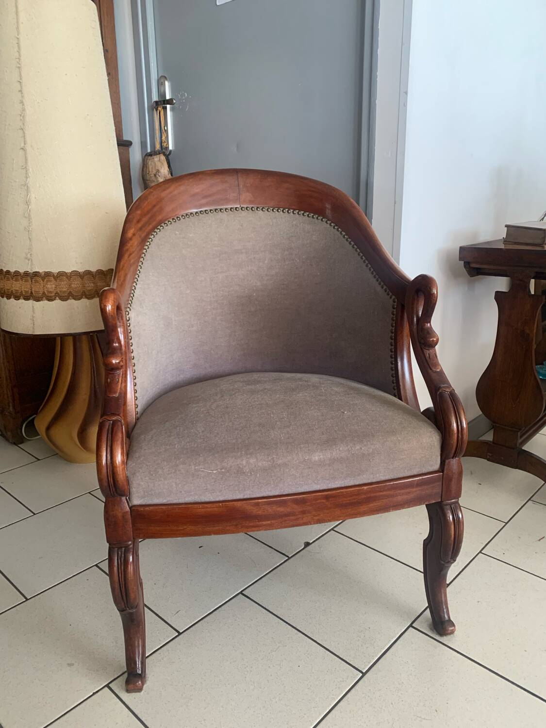 Antique armchair, Restoration style, swan neck
