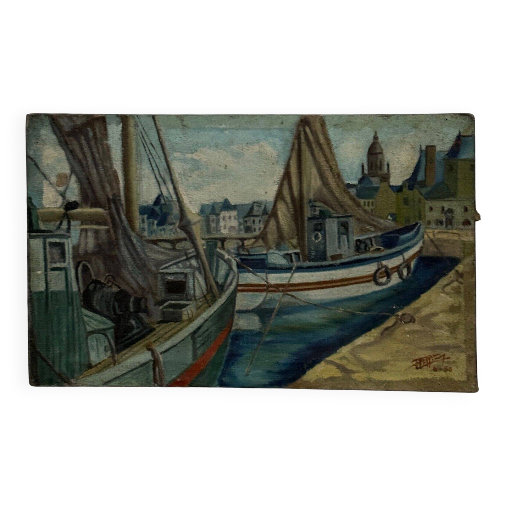 Oil on canvas fishing boats at the quayside 1956