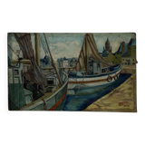Oil on canvas fishing boats at the quayside 1956