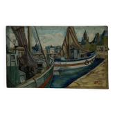 Oil on canvas fishing boats at the quayside 1956