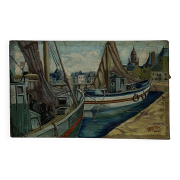 Oil on canvas fishing boats at the quayside 1956