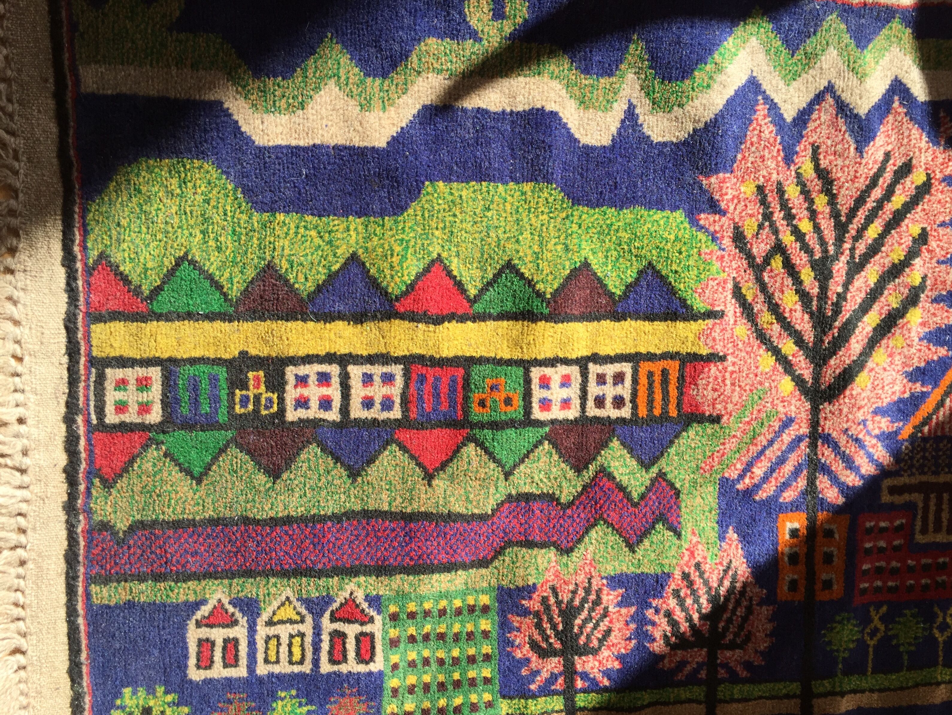 Afghan carpet 80s MOTIF VILLAGE IN PRINTEMPS 85x148cm
