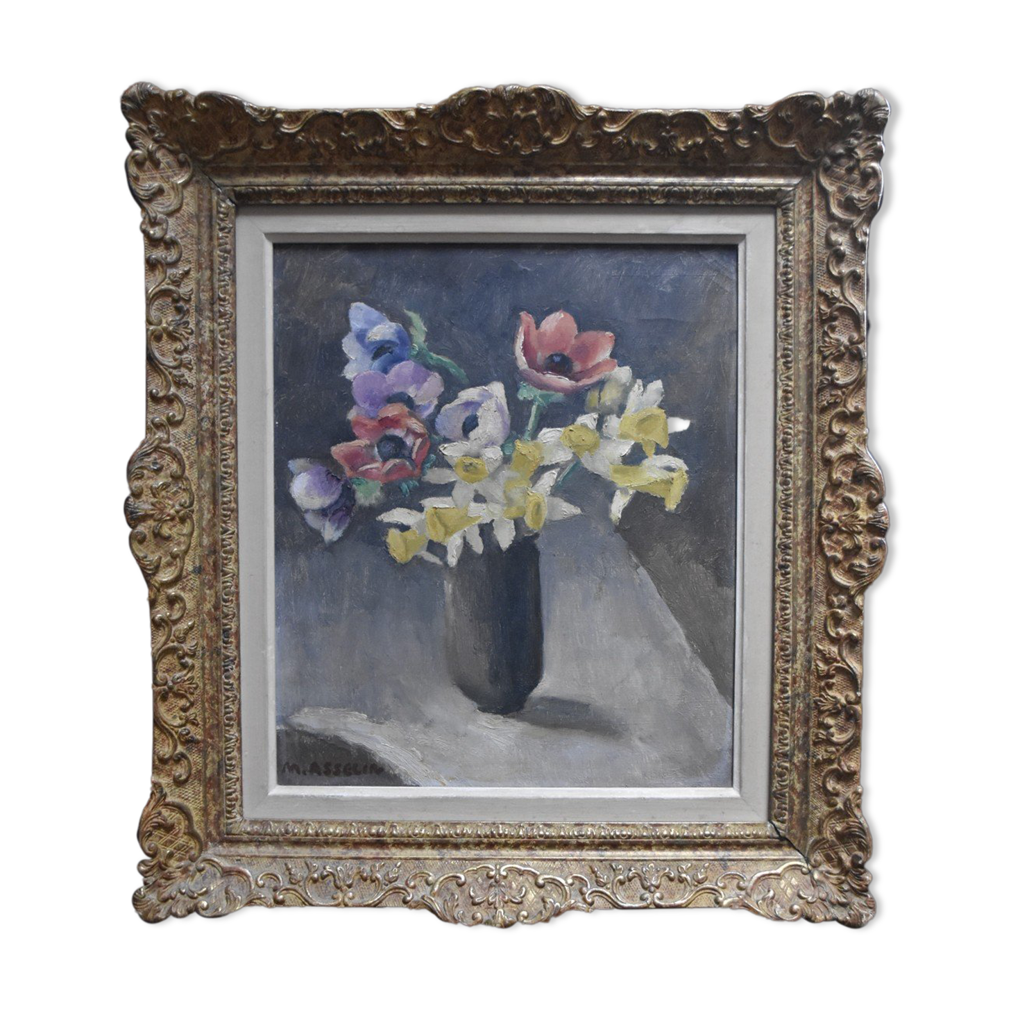 Anemones and Daffodils, Oil on Canvas Signed