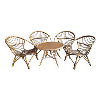 1960s rattan living room, armchair and table