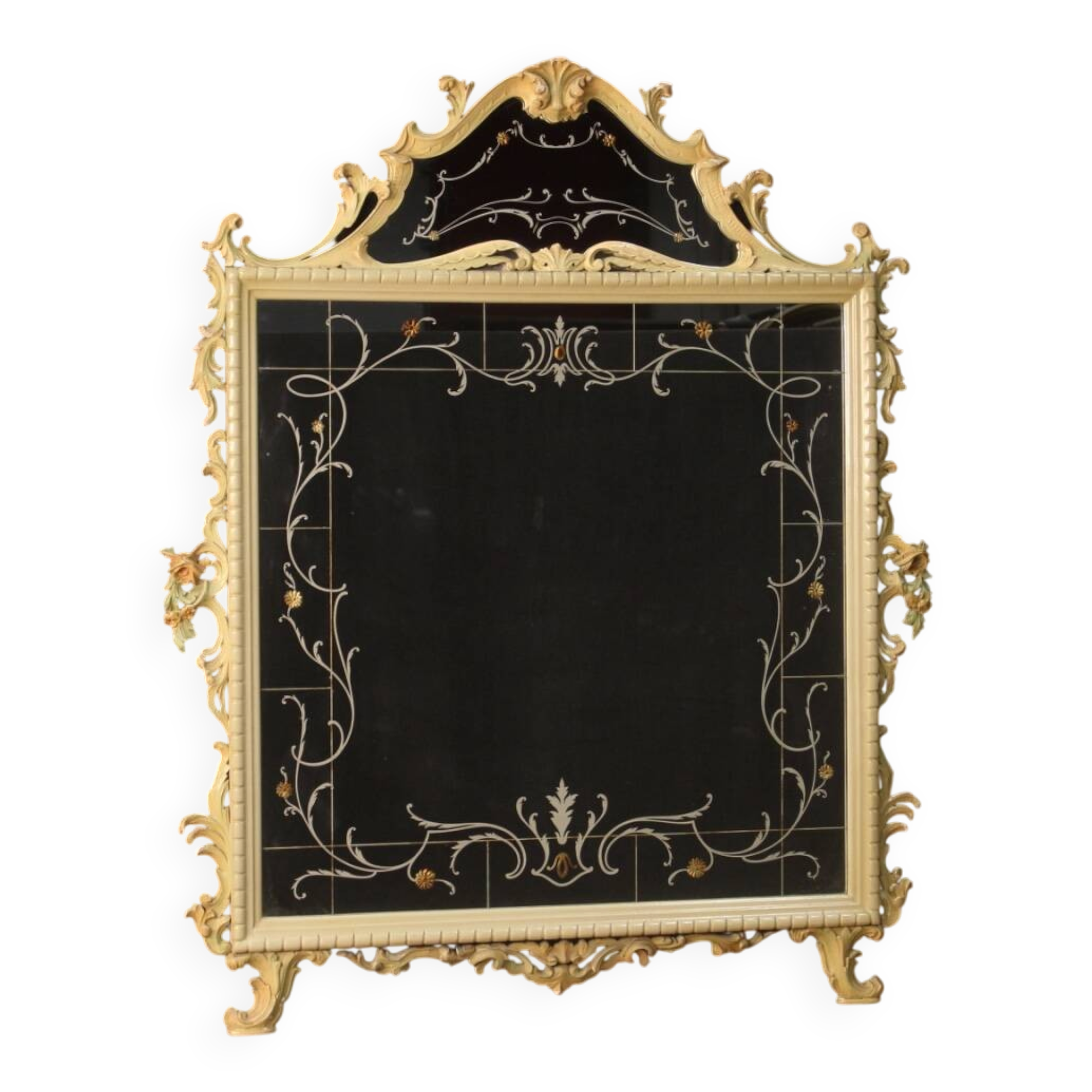 Miroir laqué italien avec décorations florales du 20ème siècle