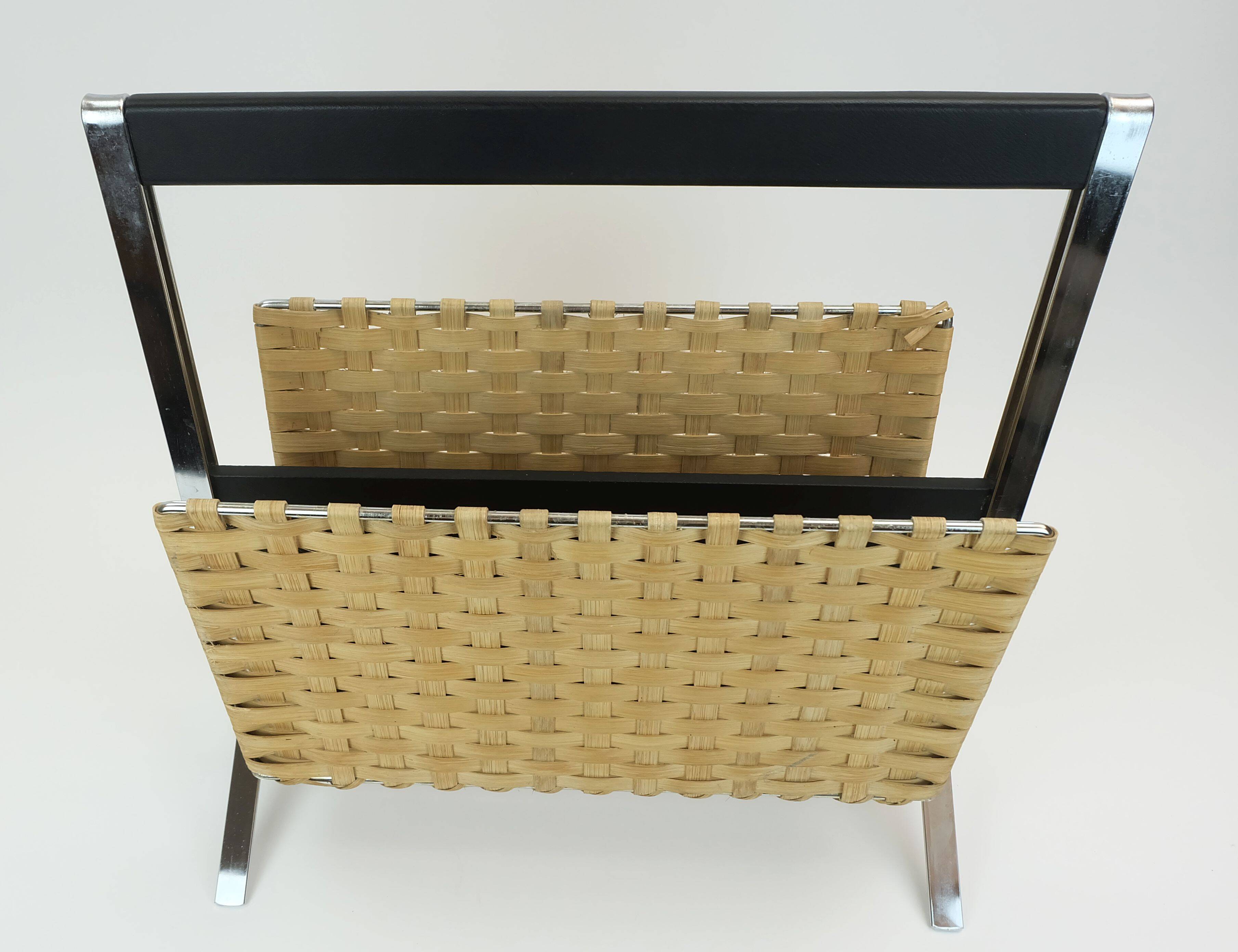 1970s vintage magazine rack newspaper holder chrome leather bamboo