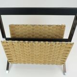 1970s vintage magazine rack newspaper holder chrome leather bamboo