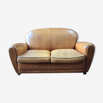 Vintage fawn leather club sofa