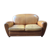 Vintage fawn leather club sofa