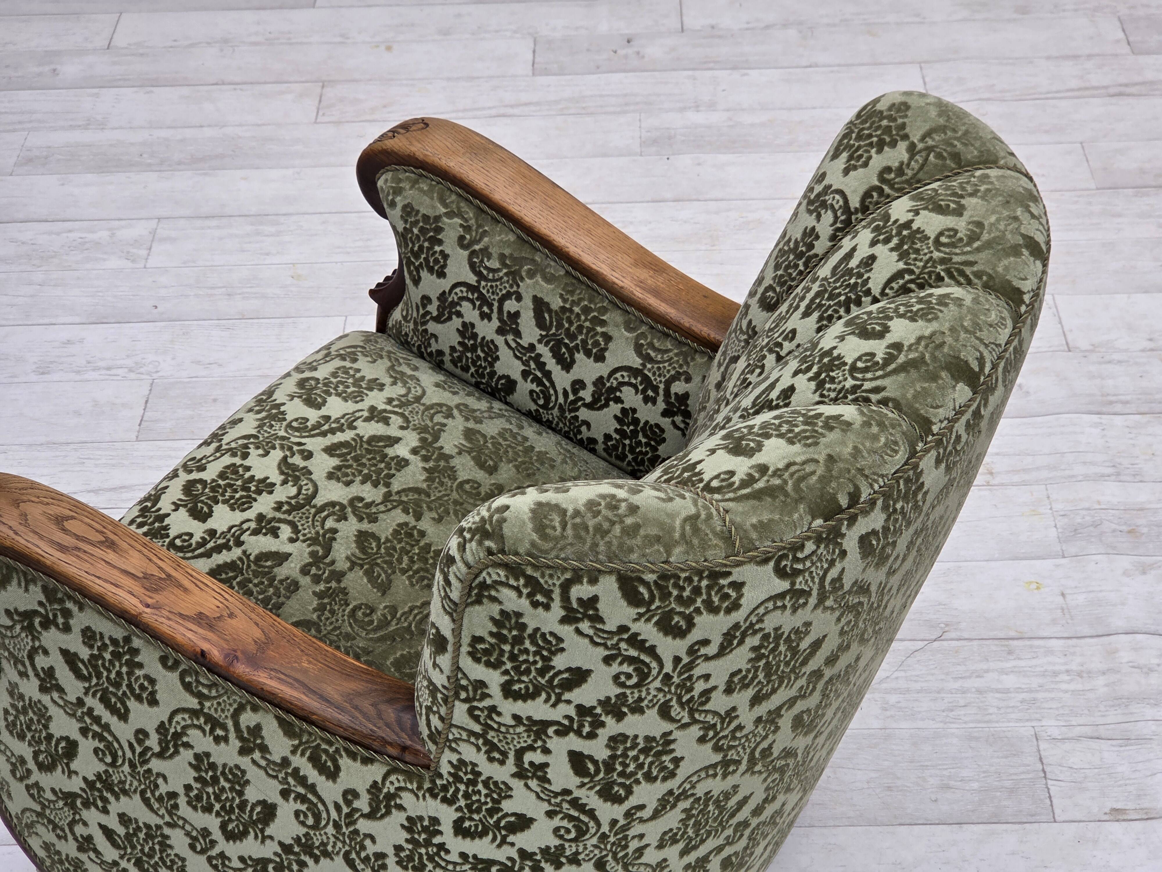 1960s, Danish armchair, green furniture velour, solid oak wood.
