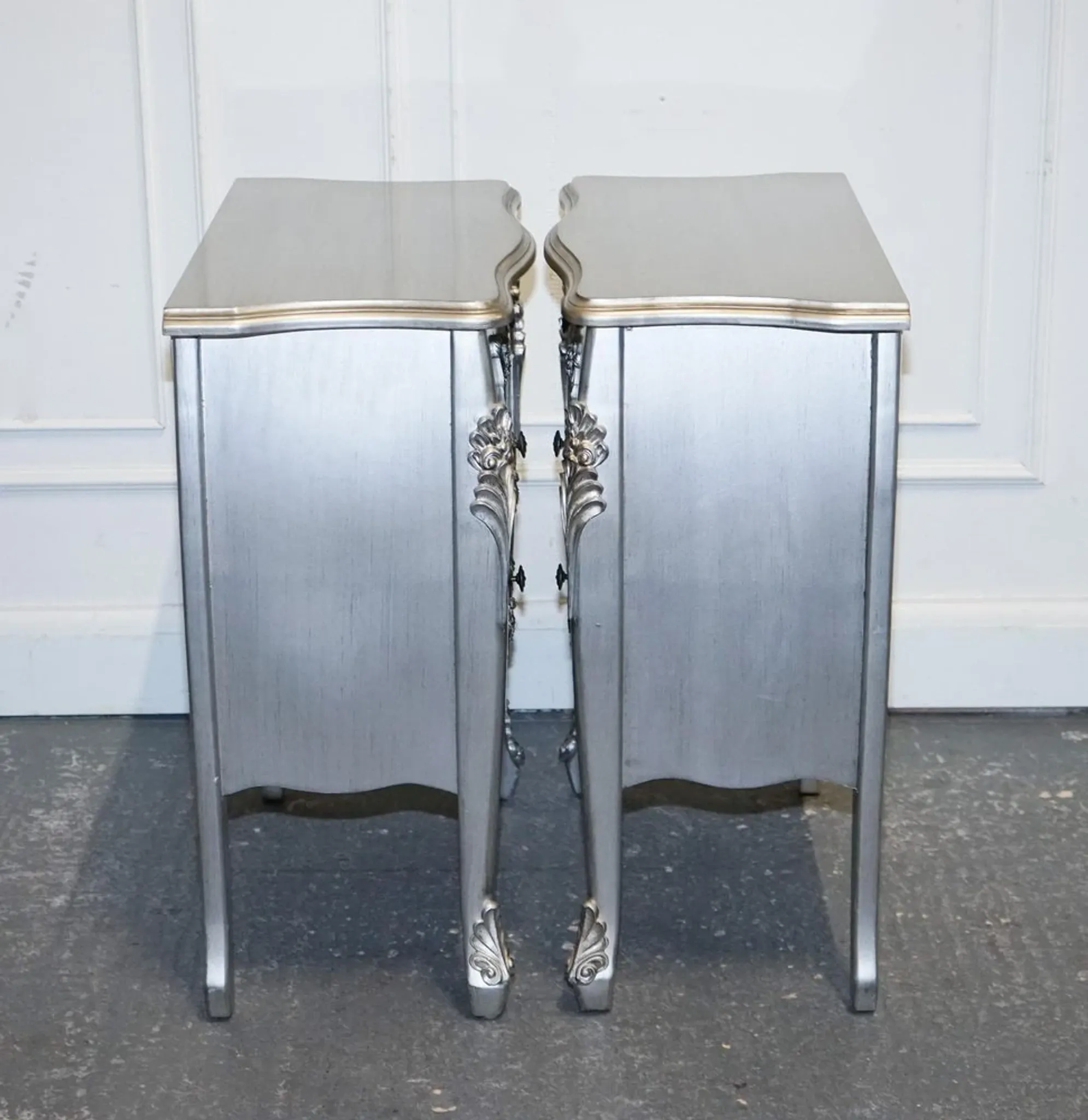 Baroque Grey Silver 3-Drawer Bedside Tables, Set of 2