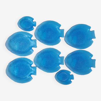 6 zoomorphic blue fish glass plates
