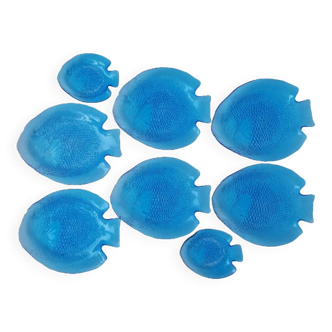 6 zoomorphic blue fish glass plates